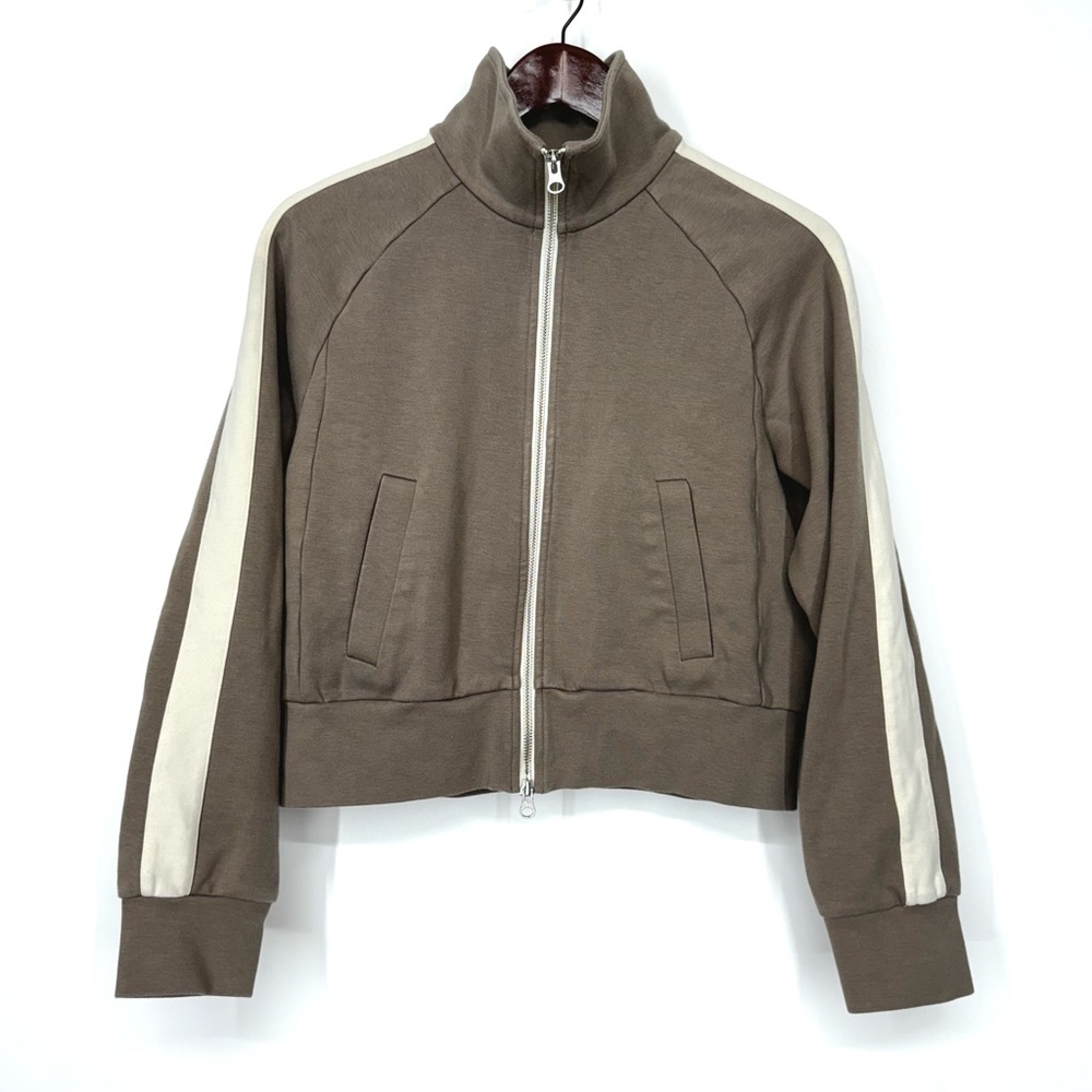 Everlane Dream Track Sweatshirt Gray W/Brown Hue Cream Arm Stripe Double Zipper